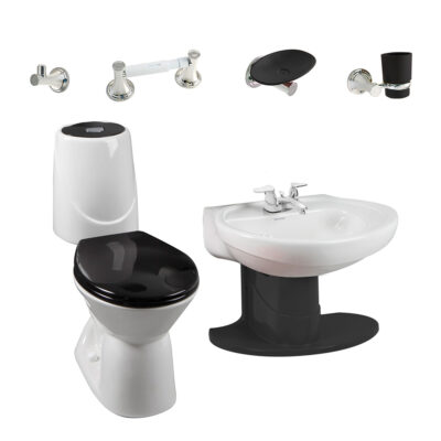 Combo Happy Home Negro: sanitario, lavamanos con semipedestal, grifería y accesorios