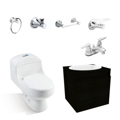 Combo Montecarlo Novo RD: Sanitario con taza redonda, mueble elevado con lavamanos, grifería y accesorios