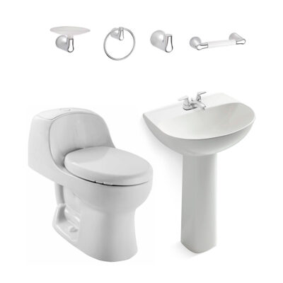 Combo Montecarlo Advance Manantial: Sanitario con taza redonda, lavamanos con pedestal, grifería y accesorios
