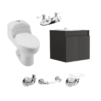 Combo Esencial San Giorgio: incluye sanitario con taza alongada, mueble elevado con lavamanos, grifería y accesorios cromado