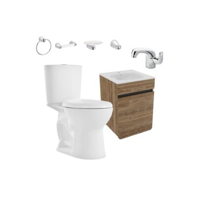 Combo Sanitario Aluvia Redondo con mueble Aluvia de 40CM elevado miel con grifería Aluvia y accesorios X4 Aluvia